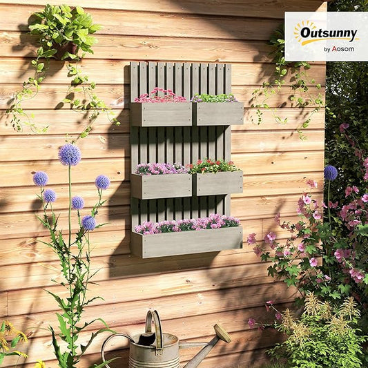 Outsunny 5 Box Raised Garden Bed with Trellis for Vine Flowers & Climbing Plants, 39" Tall Wall-Mounted Wood Planter Box Set with Adjustable Height, Drainage Hole, Gray