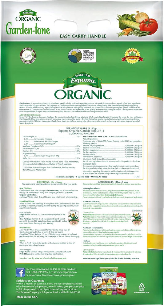 Espoma Organic Garden-Tone 3-4-4 Organic Fertilizer for Cool & Warm Season Vegetables and Herbs. Grow an Abundant Harvest of Nutritious and Flavorful Vegetables – 18 lb. Bag