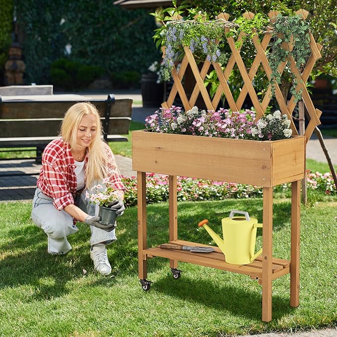 Raised Garden Bed with Trellis, Fir Wood Elevated Planter Bed with Legs, 2 Lockable Wheels & Storage Shelf, Wooden Planter Box Raised Bed for Gardening, Backyard, Balcony & Greenhouse