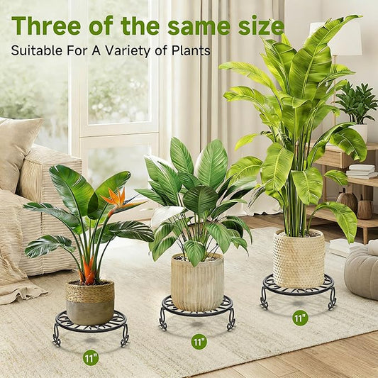 3-Pack Wrought Iron Plant Stands for Outdoor & Indoor Use, Heavy Duty Rustproof Metal Pot Stand Holder, Single Short Round Black Base for Patio Garden Porch Plants Flower Pots Planter Riser 11Inch