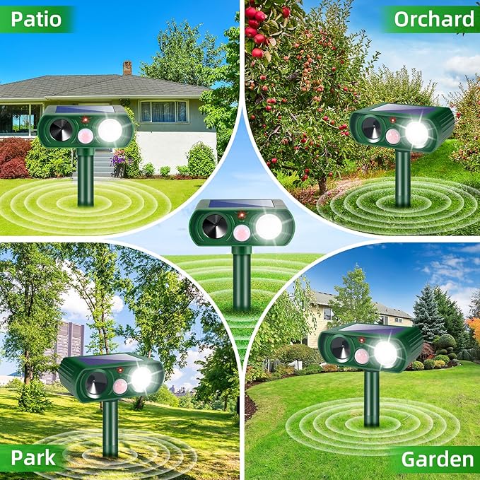 Upgraded Ultrasonic Solar Animal Repellent Outdoor Deer Repellent Devices Cat Deterrent Motion Detection Strobe Light IP65 Waterproof Repeller for Squirrel Racoon Dog Rabbit,Garden Yard,2 Pack