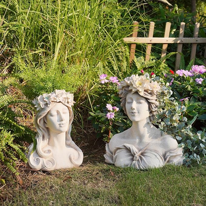 Head Planter Face Flower Pot - Lily Pond Goddess Planter 9 Inch Garden Resin Face Planter with Drainage Hole Plants Pot for Indoor and Outdoor Plant Closed Eyes 15 * 9 * 16 Inch