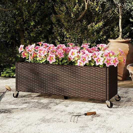 Giantex Wicker Raised Garden Bed with Wheels, 38”x12”x14”, Rectangular Garden Planter Box w/PE Rattan, Liner Fabric, Wicker Patio Elevated Raised Bed for Vegetable Flower Herb Porch Balcony