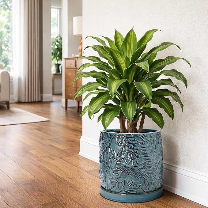 D'vine Dev 10 Inch Embossed Leaves Stoneware Planter Pot with Drainage Hole and Saucer, Ocean Teal, 27-A-P-8