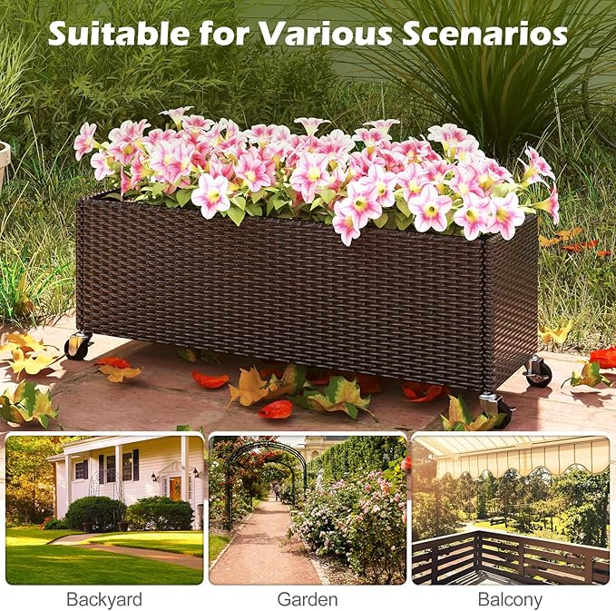 Giantex Wicker Raised Garden Bed with Wheels, 38”x12”x14”, Rectangular Garden Planter Box w/PE Rattan, Liner Fabric, Wicker Patio Elevated Raised Bed for Vegetable Flower Herb Porch Balcony
