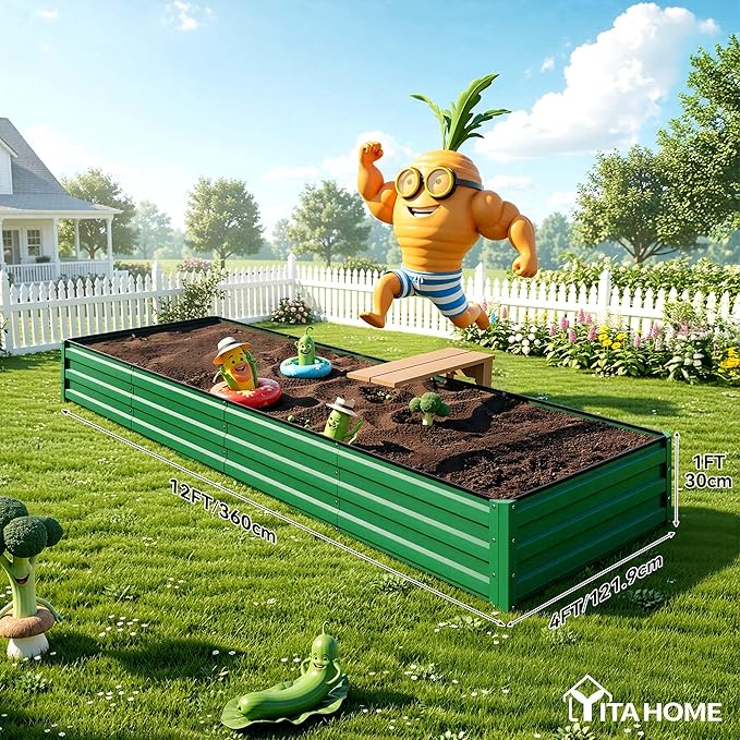 YITAHOME 4pcs 12x4x1 ft Galvanized Raised Garden Bed Kit, Large Metal Planter Box with Gloves, Safety Rubber & Support Rod, Outdoor Flower Bed for Plants Vegetables, Green