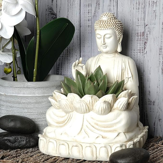 Buddha Planter – 9.5" Tall Polyresin - Zen Plant Pot Holder for Succulent, Flower, Cactus - Garden Lotus Statue Indoor or Outdoor Decor