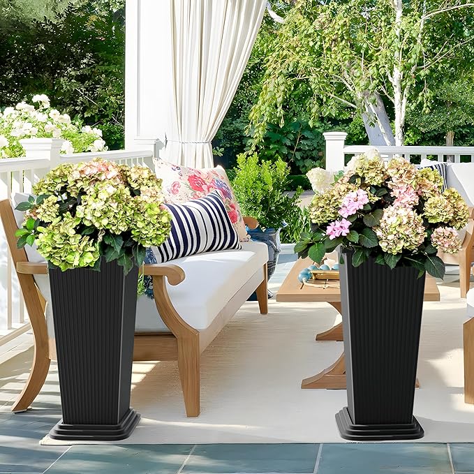 Set of 2 Large Tall Planter for Indoor or Outdoor 24" Flower Pots Tapered Tall Planters with Tray for Porch, Patio, Backyard, Large Planters for Outdoor Indoor Plants(Black,Striped)