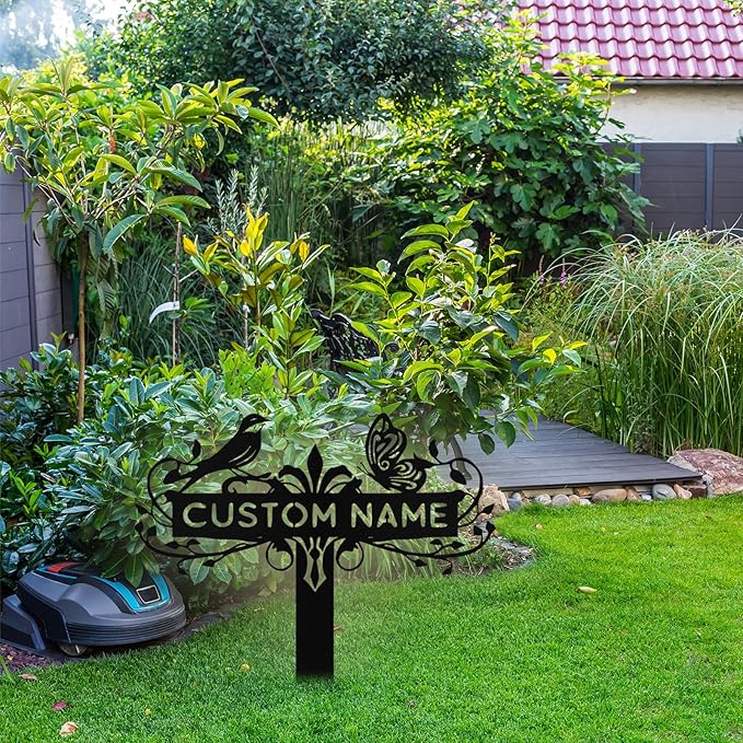 Custom Metal Garden Sign with Stake, Personalized Bird & Butterfly Garden Signs for Outside, Customized Garden Name Signs for Yard Lawn Outdoor Decor Gardening Gifts for Moms Grandmas Gardeners