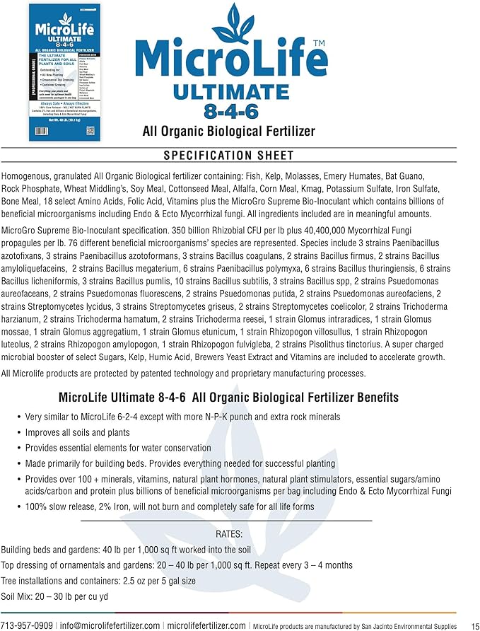 MicroLife Ultimate (8-4-6) Professional Grade Granular Organic Fertilizer for All Vegetables, Flowers Trees and Bushes, 7 LBS
