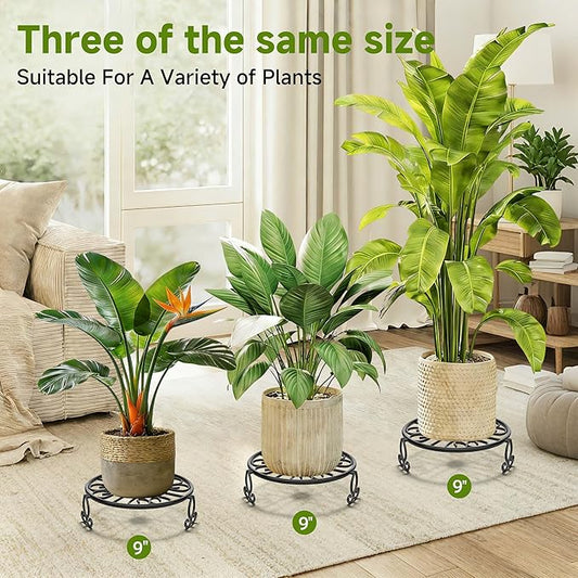 3-Pack Wrought Iron Plant Stands for Outdoor & Indoor Use, Heavy Duty Rustproof Metal Pot Stand Holder, Single Short Round Black Base for Patio Garden Porch Plants Flower Pots Planter Riser 9Inch