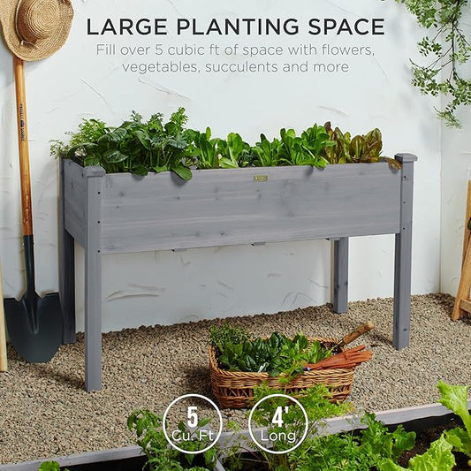 Best Choice Products 48x24x30in Raised Garden Bed, Elevated Wood Planter Box Stand for Backyard, Patio, Balcony w/Bed Liner, 200lb Capacity - Gray