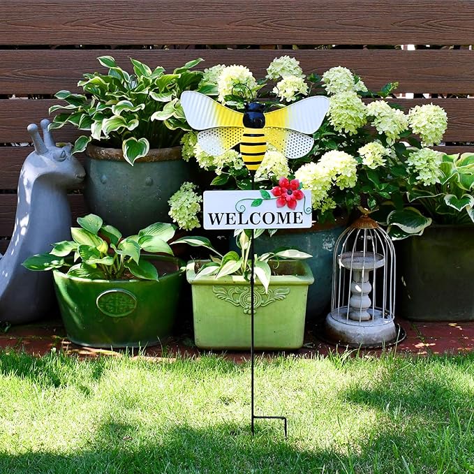 Morning View Bee Garden Stakes Decorative Metal Insect Yard Stake Outdoor Spring Lawn Ornaments Yard Art Patio Pathway Flower Pot Outside 30 Inch Tall