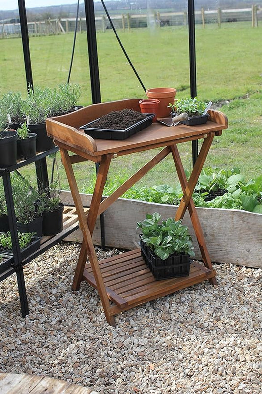 Haxnicks Hardwood Potting Table – Folding Garden Workbench with Storage Shelf & Soil Guard | Acacia Wood | 29.5" W x 39.3" H x 18.8" D