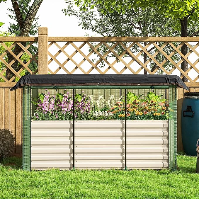 Outsunny 5.9 x 2 x 1.9 ft Galvanized Raised Garden Bed with Crop Cage Plant Protection Net and Shade Cloth Roof, Metal Planter Box with Cover for Vegetables, Flowers, Herbs, Beige