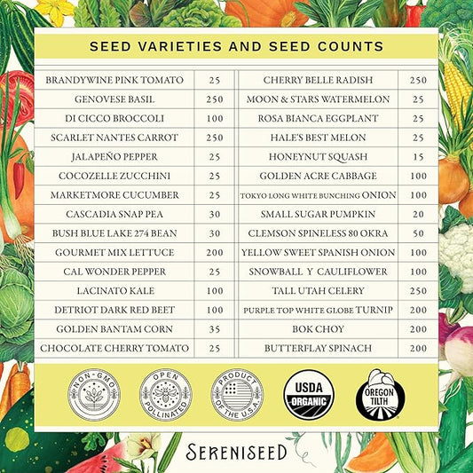 Sereniseed Certified Organic Vegetable Seeds (30-Pack) – Non GMO, Open Pollinated - Basil, Snap Pea, Broccoli, Bean, Jalapeno, Tomato, Lettuce, Cucumber, Carrot, Zucchini Seeds for Planting