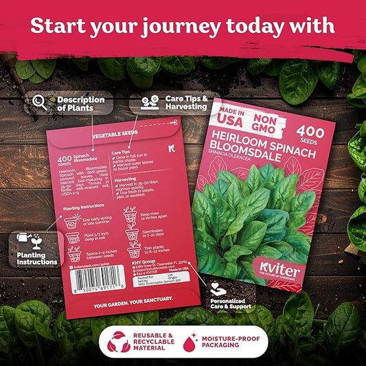 KVITER 400 Bloomsdale Spinach Seeds (Spinacia oleracea) — Non-GMO & Heirloom, Heat Tolerant, Cut and Come Again — Spinach Organic Vegetable Seeds for Planting in Outdoor & Indoor Garden, Containers