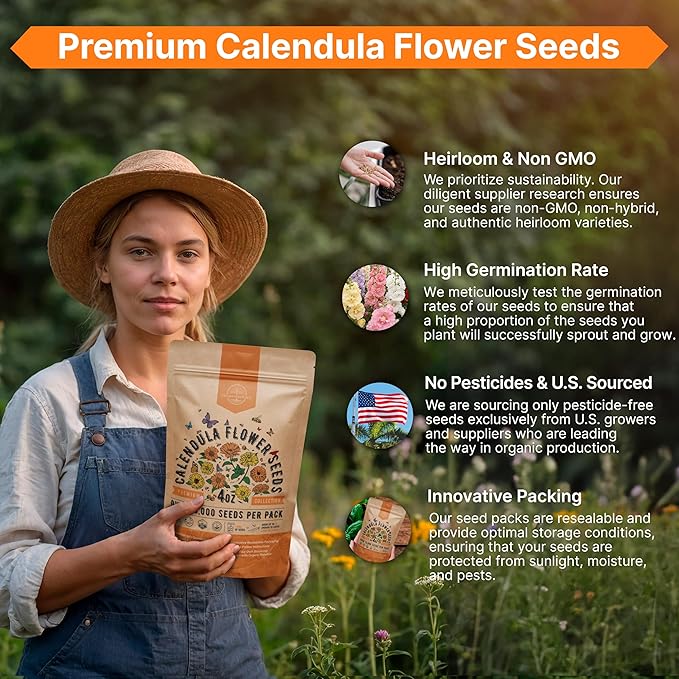 Calendula Seeds Pack 4 oz - Over 13,000 Non-GMO Heirloom Calendula Seeds for Planting Indoor & Outdoor Gardening, Flower Seed for Planting Home and Garden, Flowers Seed in Individual Packet