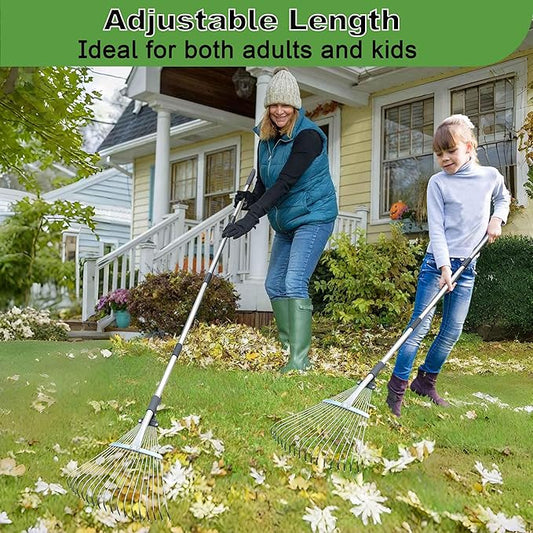 Garden Rake for Leaves, Metal Leaf Rake for Lawns with Adjustable Handle 【34"-68"】 & Folding Head 【8"-17"】,for Lawns, Yards, Leaves, Gardening