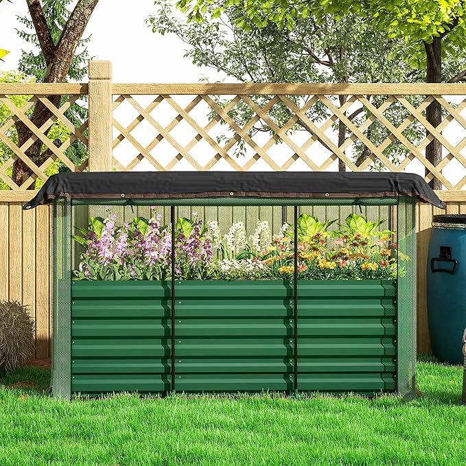 Outsunny 5.9 x 2 x 1.9 ft Galvanized Raised Garden Bed with Crop Cage Plant Protection Net and Shade Cloth Roof, Metal Planter Box with Cover for Vegetables, Flowers, Herbs, Green