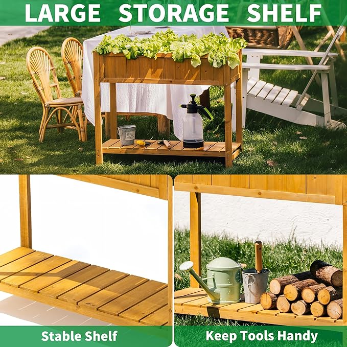 Premium Fir Wooden Raised Garden Bed with Four Legs for Backyard and Balcony Gardening,Suitable for Indoor and Outdoor use,Bottom with Storage Rack,35.04''×13''×29.92''