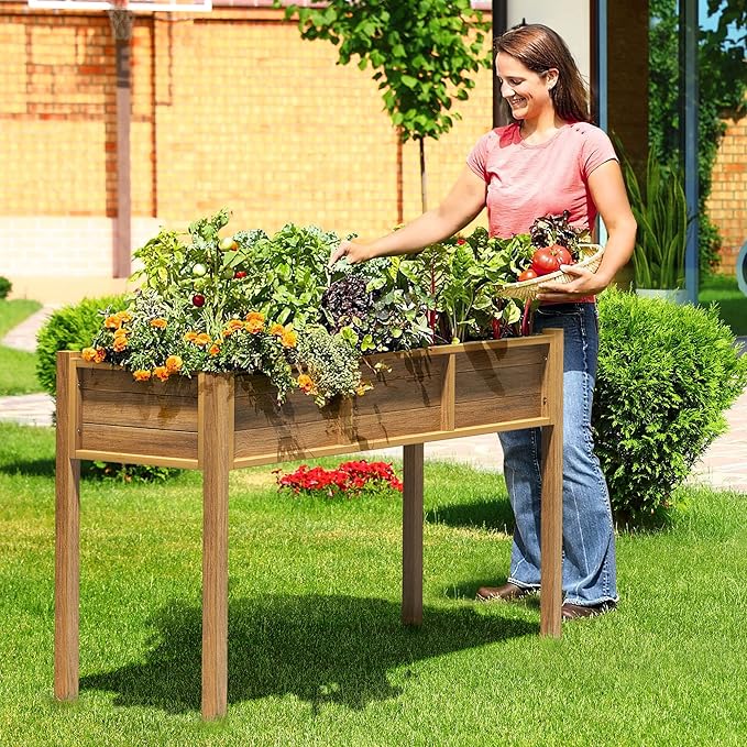 DWVO 48x18x30in Raised Garden Bed Kit, Poly Wood Planter Box Stand,Weather Resistant Planter Box with Legs, Elevated Garden Bed for Backyard, Patio, Balcony, Brown