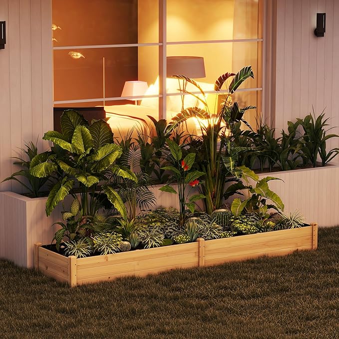 Outsunny 8x2ft Wooden Raised Garden Bed Kit, Outdoor Elevated Planter Box, Self Draining Bottom and Liner, Patio to Grow Vegetables, Herbs, and Flowers, Natural