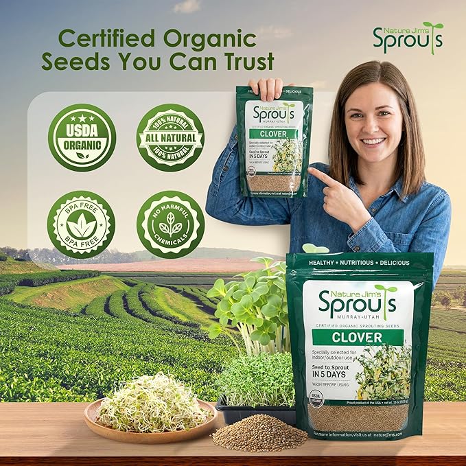 Nature Jims Sprouts Clover Seeds –Organic Non-GMO Sprouting Seeds for Fresh, Nutrient-Rich Seed, Packed with Vitamins, Minerals & Fiber, Ideal for Growing Sprouts and Clover Seed, Reseable Bag, 16 oz