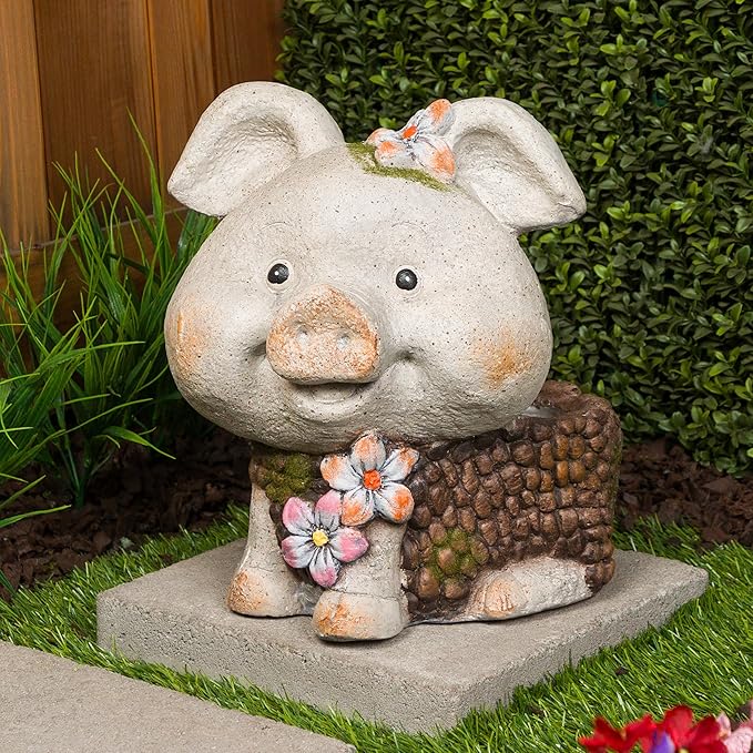 Alpine Corporation WQA1596 Smiling Pig Statue Planter w/Drainage Hole, Stylish Decor for Garden, Patio, & Lawn, 13" H, Gray