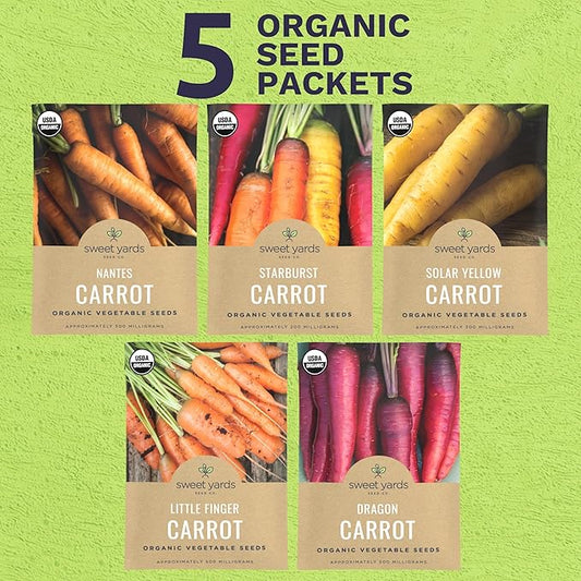 Organic Carrot Seeds Variety Pack - 5 Individual Packs - 2026 Season - Nantes, Little Finger, Dragon, Solar Yellow and More! for Indoor & Outdoor Planting (Non-GMO, Certified Organic)