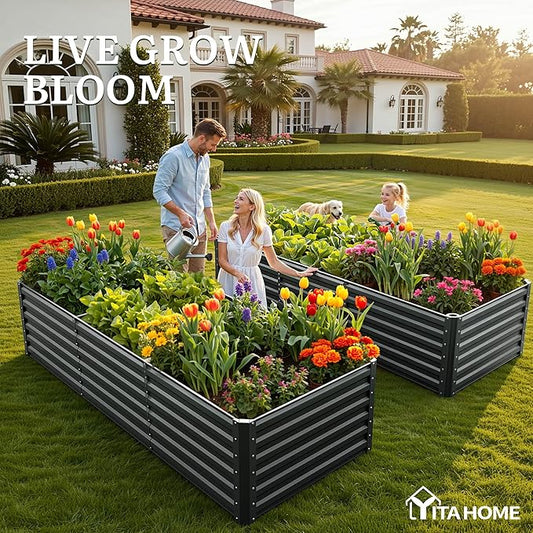 YITAHOME 96x48x24 in Galvanized Raised Garden Bed Kit, Large Metal Planter Box with Gloves, Safety Rubber & Support Rod, Outdoor Flower Bed for Plants Vegetables, Black