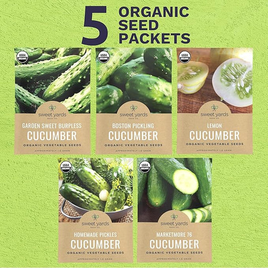 Organic Cucumber Seeds Variety Pack - 5 Individual Packs - 2026 Season - Marketmore 76, Sweet Burpless, Boston Pickling and More! for Indoor & Outdoor Planting (Non-GMO, Certified Organic)
