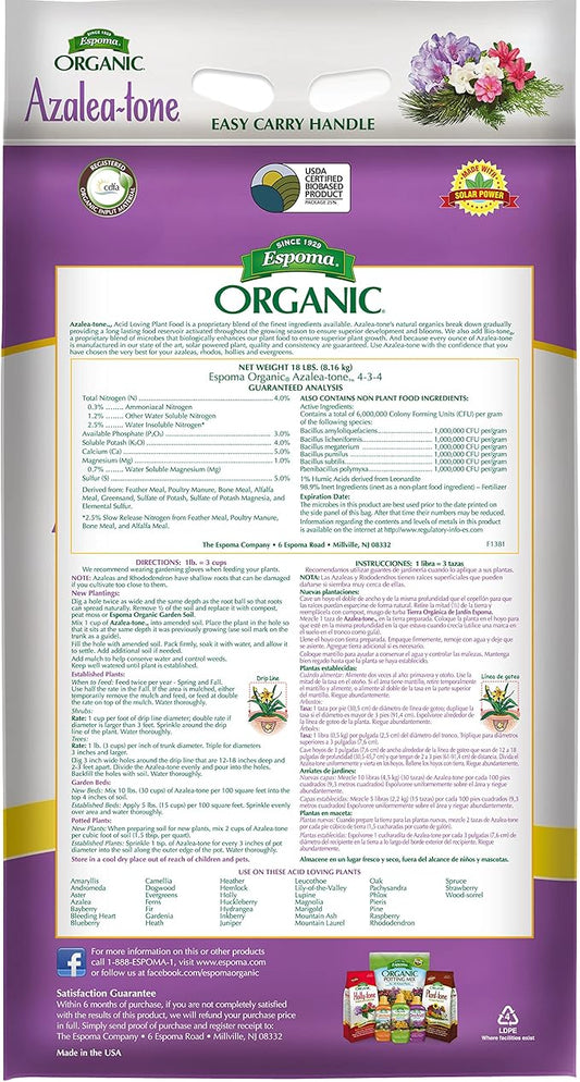 Espoma Organic Azalea-Tone 4-3-4 Natural & Organic Fertilizer and Plant Food for All Flowering Evergreen Shrubs. 18 lb. Bag. Use for Planting & Feeding to Promote Growth & Blooming