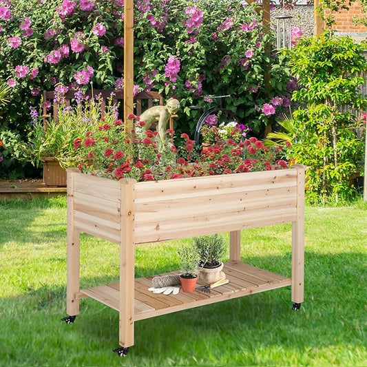 VINGLI Heavy Duty Raised Garden Bed with Bed Liner, Wood Elevated Planter with Legs for Vegetables Fruits Potato Onion Flower, Outdoor Sturdy Long Lasting Planter Box Kit (Elevated with Wheels)