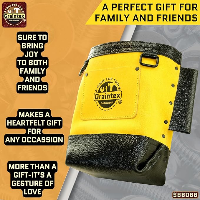 Graintex Nut & Bolt Bag Yellow Color Premium Quality Suede Leather Tool Bag, Tool Belt for Ironworker Tools, Bull Pin Loops, Ideal for Heavy-Duty Use, Bolt Bags for Construction Professionals - SB8088
