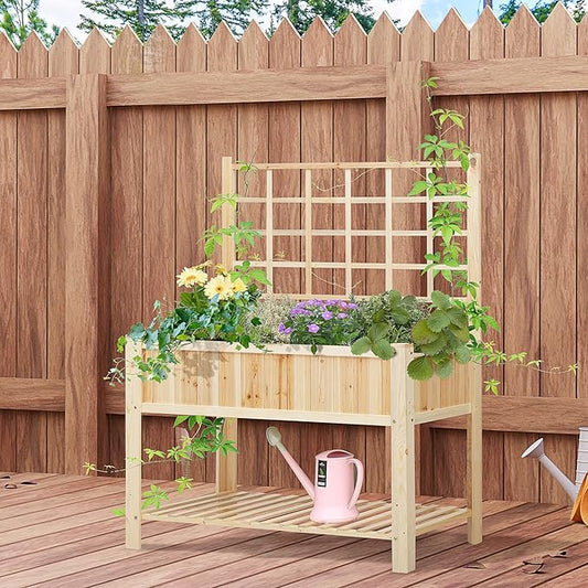 Outsunny 47'' Wooden Raised Garden Bed with Trellis, Coutryside Style Elevated Planter Box Stand with Open Storage Shelf, Spacious Planting Area for Vegetables, Herbs, Flowers