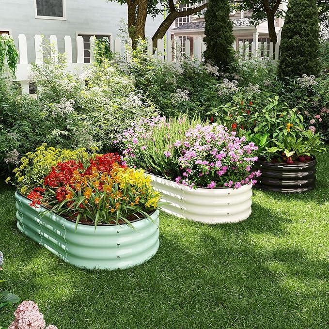 Galvanized Metal Planter Round Raised Garden Bed Kit for Gardening Outdoor,2x2x1ft 2PC Grow Garden Box Raised Flower Bed,Round Galvanized Planter Outdoor Metal Fire Pit Ring Green