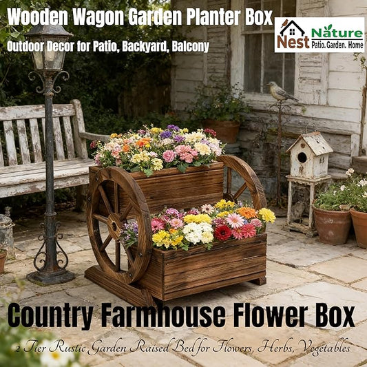 NestNature Wooden Wagon Planter Box,Raised Garden Bed,Decorative Garden Planters with Wheels-Outside Flower Pots for Indoor/Outdoor Décor Plants