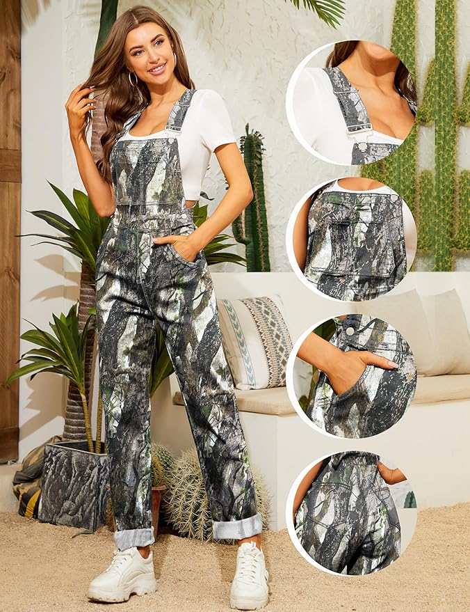 Camo Jumpsuit for Women Camouflage Bibs Overalls Work Utility Coveralls with Pockets