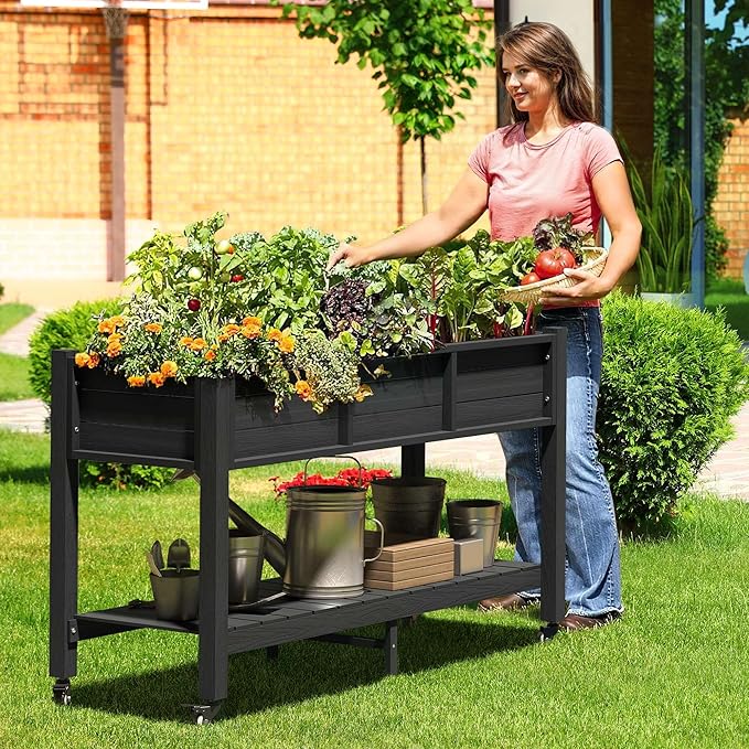 DWVO 47x18x3in Raised Garden Bed Outdoor HDPE with Legs and Lockable Wheels, Weather-Resistant Poly-Wood Elevated Planter Box, Double Tier Planters for Backyard Patio Balcony, Black