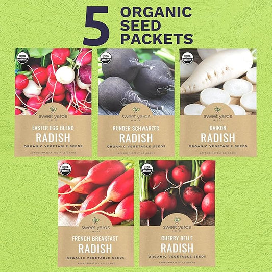 Organic Radish Seeds Variety Pack - 5 Individual Packs - 2026 Season - Cherry Belle, Easter Egg, French Breakfast and More! for Indoor & Outdoor Planting (Non-GMO, Certified Organic)