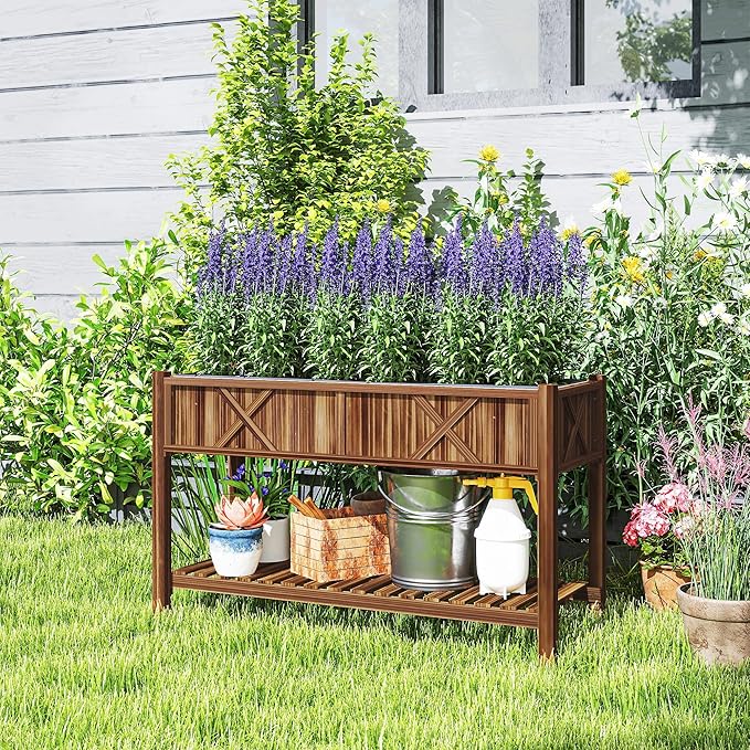 Outsunny Raised Garden Bed, Elevated Wood Planter Box with Storage Shelf, Drainage Holes, and Liner for Backyard, Patio, Balcony, 47 x 22 x 31.5 in, Carbonized