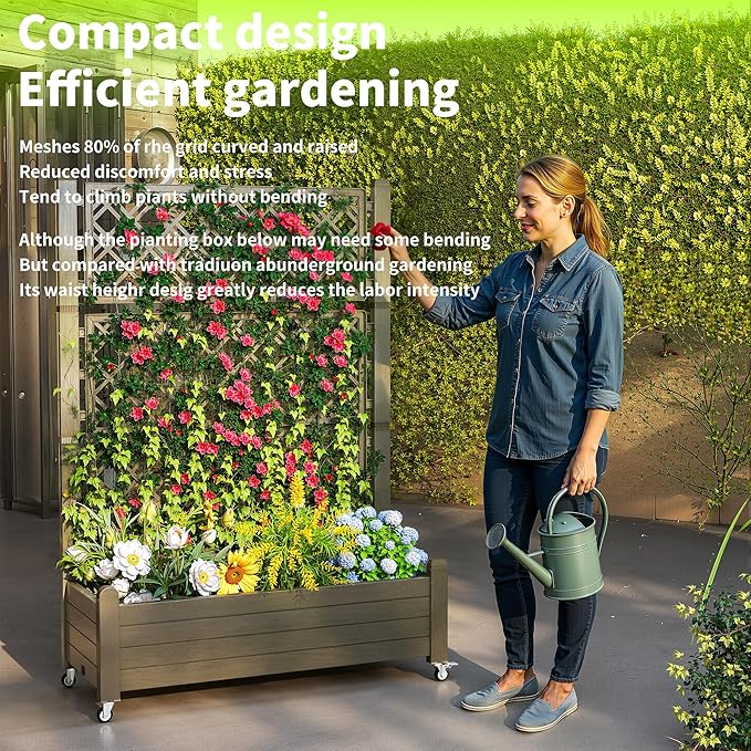 Elevated Raised Garden Bed with Trellis,Outdoor Large Resin Patio Planter Box with Lockable Wheels Drain Plug,Water Monitor for Plants Vegetables Flowers Fruits (Grey, 43.43 * 18.27 * 64.29)