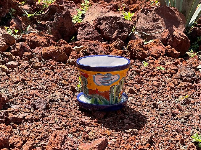 Talavera Mexican Pottery Planters with Saucer 4" Rancherito - Cactus - Sun Pot Hand Painted Ceramic Plant Pot Planter Indoor Outdoor (Rancherito)
