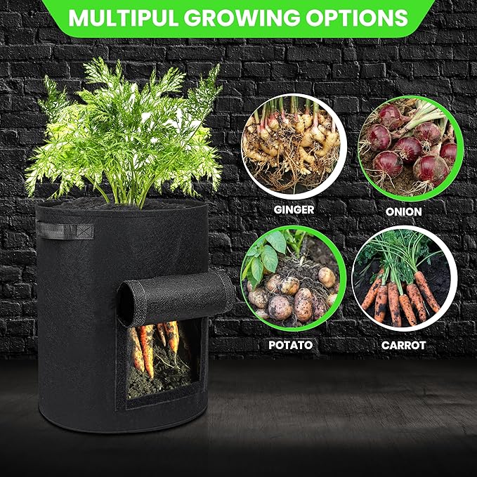 Utopia Home 10-Gallon Potato Grow Bags Pack of 4 – Foldable, Breathable, and Non-Woven Vegetable Planters – Easy to Move Gardening Pots with Reinforced Handles and Harvest Flap (2 Grey, 2 Black)