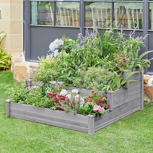 Topeakmart 3 Tier Raised Garden Bed Wood Garden Box Wooden Vegetables/Flower/Herb Elevated Garden Planter Boxes Outdoor, Gray