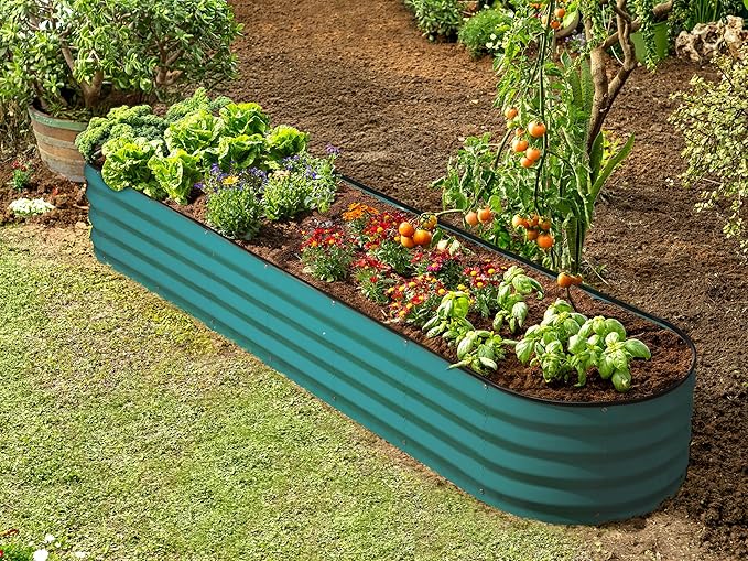 Plant & Plot Galvanized Raised Garden Beds Outdoor // 8×2×1 ft Planter Raised Beds for Gardening, Vegetables, Flowers // Large Metal Garden Box (Turquoise) // Patented Tool-Free Design