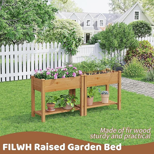 FILWH Raised Garden Bed with Legs Elevated Wooden Planter Box Stand Large Planter Stand Box for Fruits Vegetables Flowers with Divider with Bag - 34x18x30.5IN(Brown)