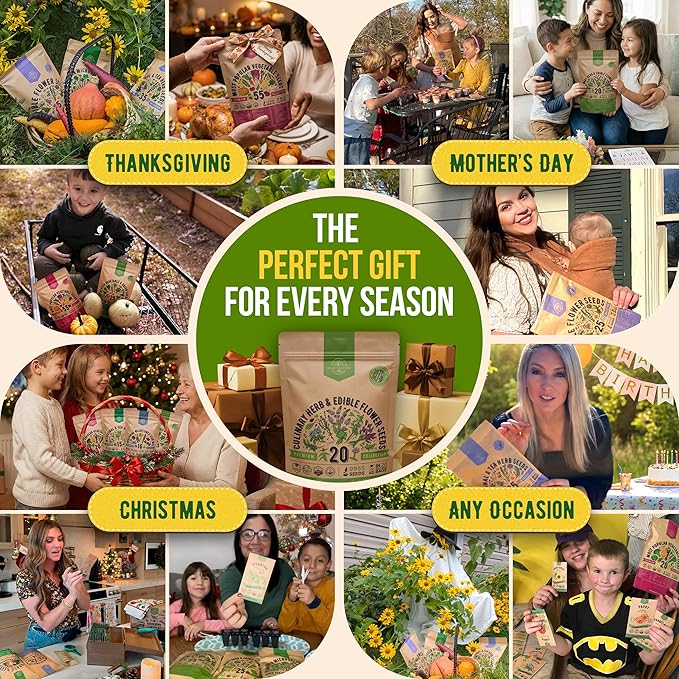20 Culinary Herbs & Edible Flower Seed Variety Pack for Planting Indoor & Outdoors. 9500+ Non-GMO Heirloom Flower Seeds: Basil, Borage, Echinacea, Lavender, Oregano, Rosemary Seeds & More