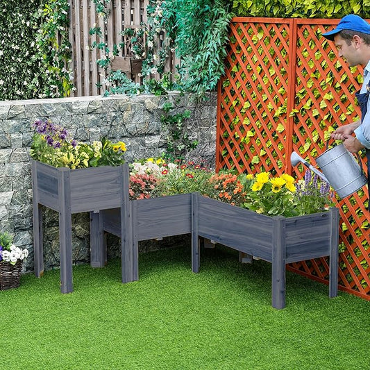Outsunny Raised Garden Bed Set of 3, Wooden Elevated Planter Box with Legs and Bed Liner, for Backyard and Patio to Grow Vegetables, Herbs, and Flowers, Gray